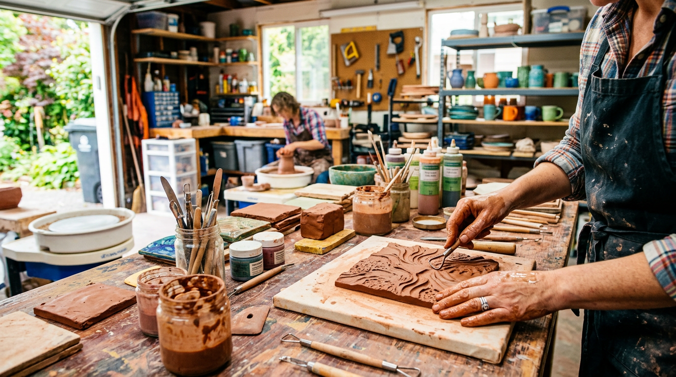 Person sculpting detailed patterns on a clay tile in a pottery workshop